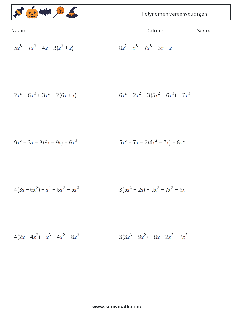 Polynomen vereenvoudigen Wiskundige werkbladen 9