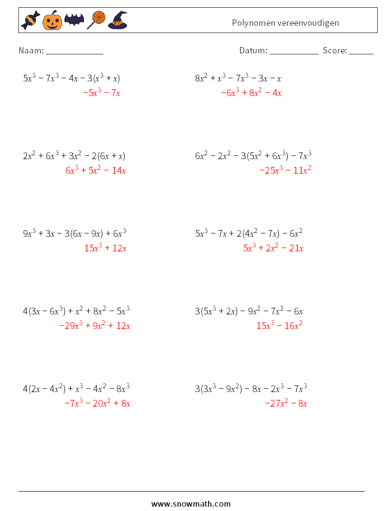 Polynomen vereenvoudigen Wiskundige werkbladen 9 Vraag, Antwoord