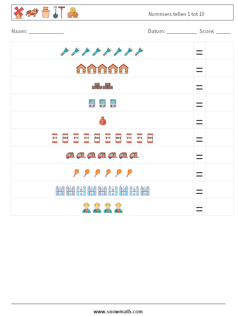 Nummers tellen 1 tot 10 Wiskundige werkbladen 1