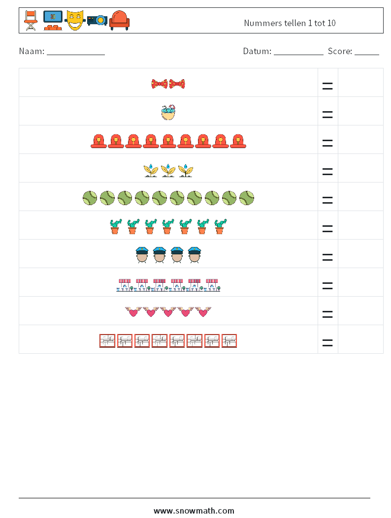 Nummers tellen 1 tot 10 Wiskundige werkbladen 10