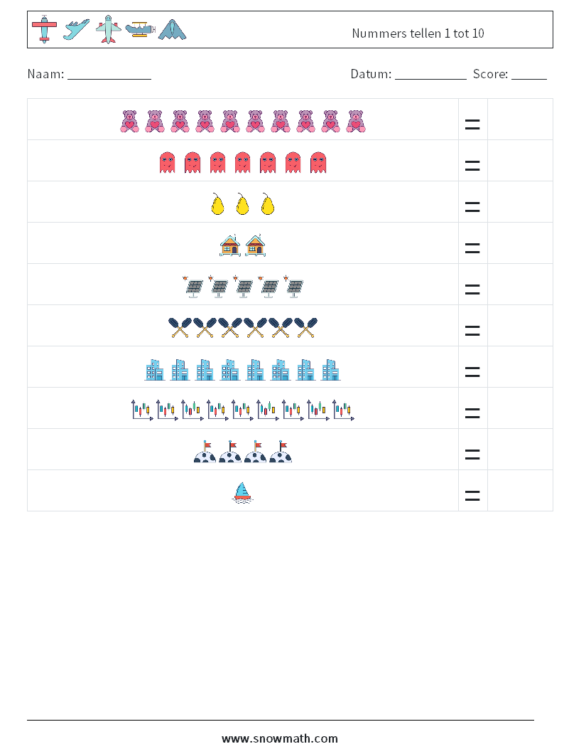 Nummers tellen 1 tot 10 Wiskundige werkbladen 11