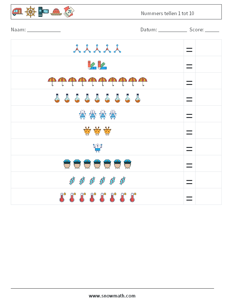 Nummers tellen 1 tot 10 Wiskundige werkbladen 12