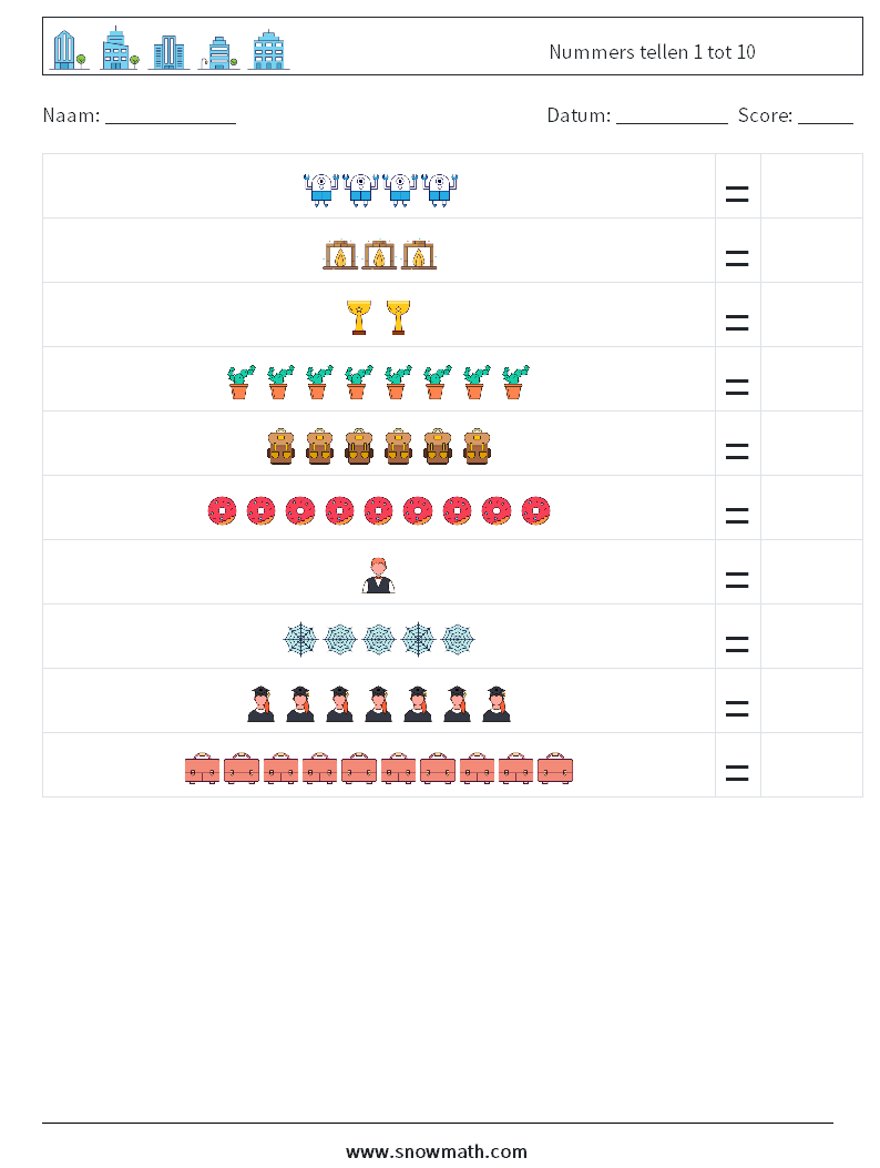 Nummers tellen 1 tot 10 Wiskundige werkbladen 14