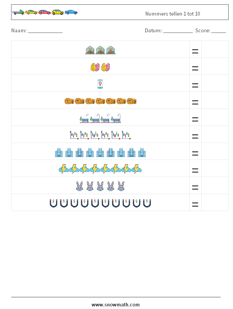 Nummers tellen 1 tot 10 Wiskundige werkbladen 15