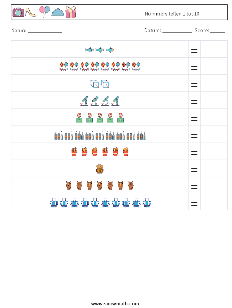 Nummers tellen 1 tot 10 Wiskundige werkbladen 16