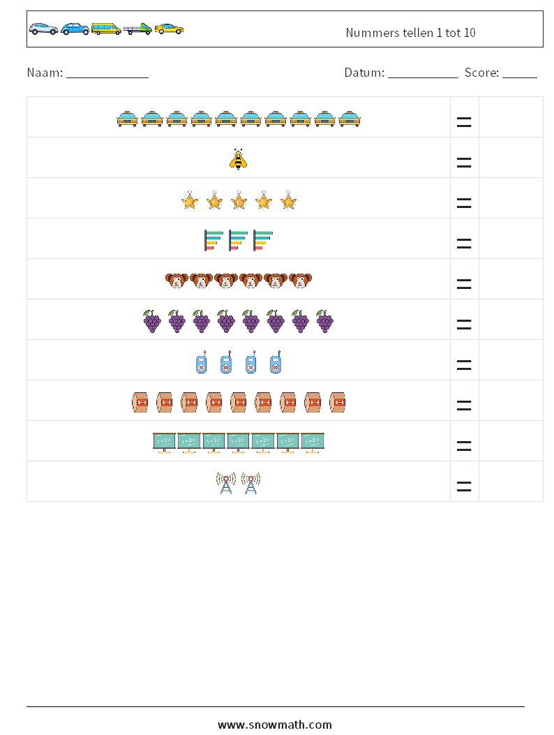 Nummers tellen 1 tot 10 Wiskundige werkbladen 2