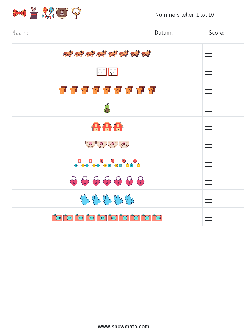 Nummers tellen 1 tot 10 Wiskundige werkbladen 4