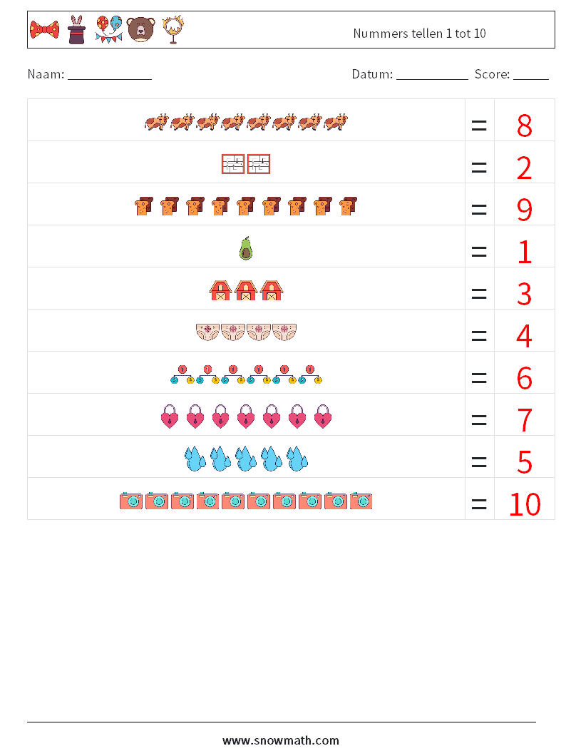 Nummers tellen 1 tot 10 Wiskundige werkbladen 4 Vraag, Antwoord