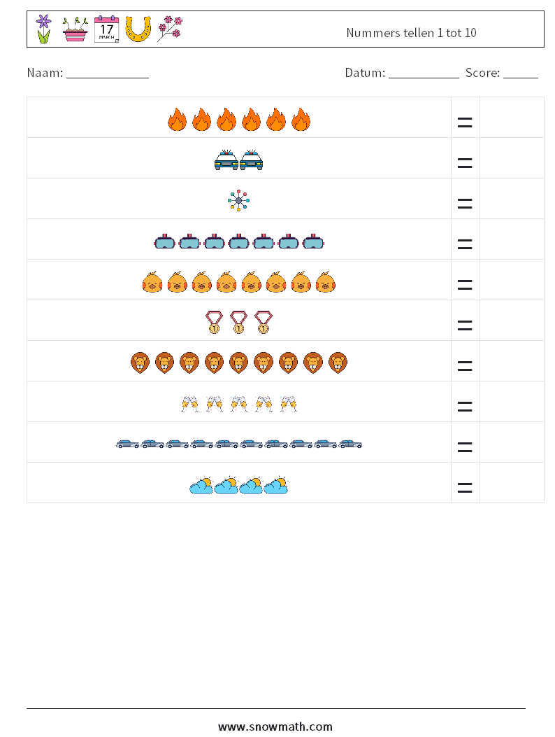 Nummers tellen 1 tot 10 Wiskundige werkbladen 5