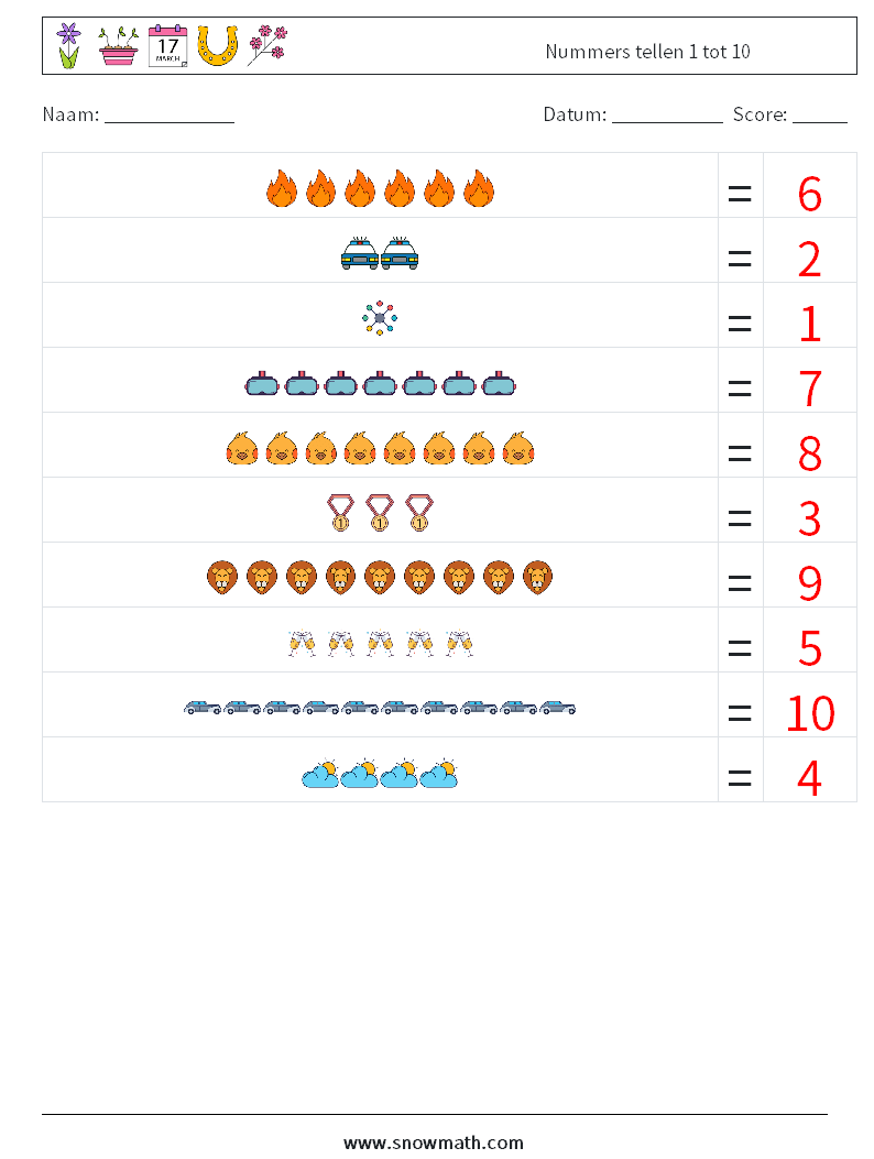 Nummers tellen 1 tot 10 Wiskundige werkbladen 5 Vraag, Antwoord
