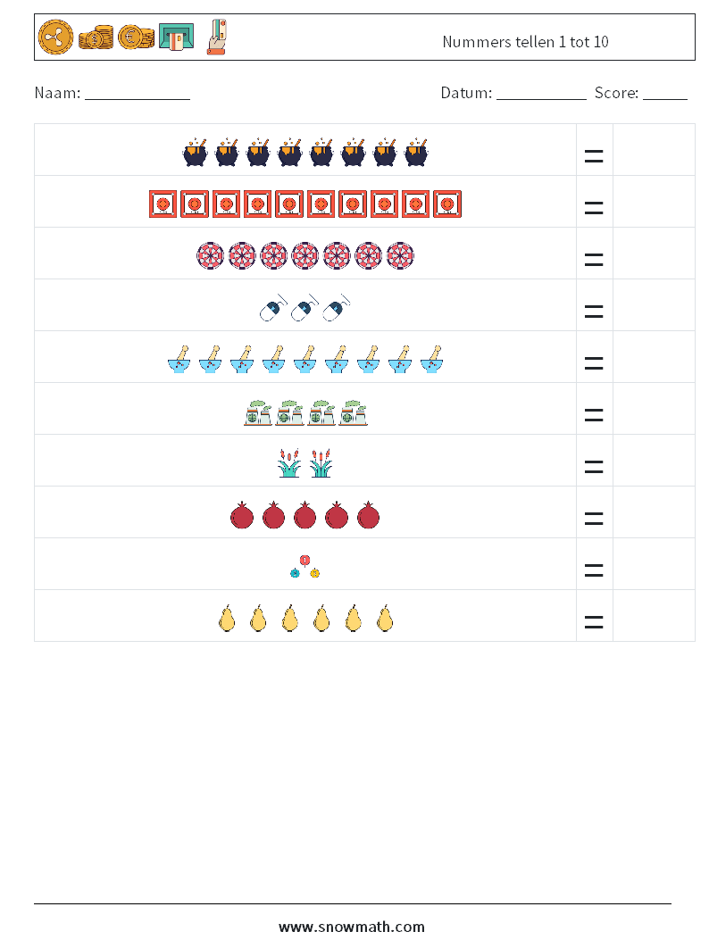 Nummers tellen 1 tot 10 Wiskundige werkbladen 7