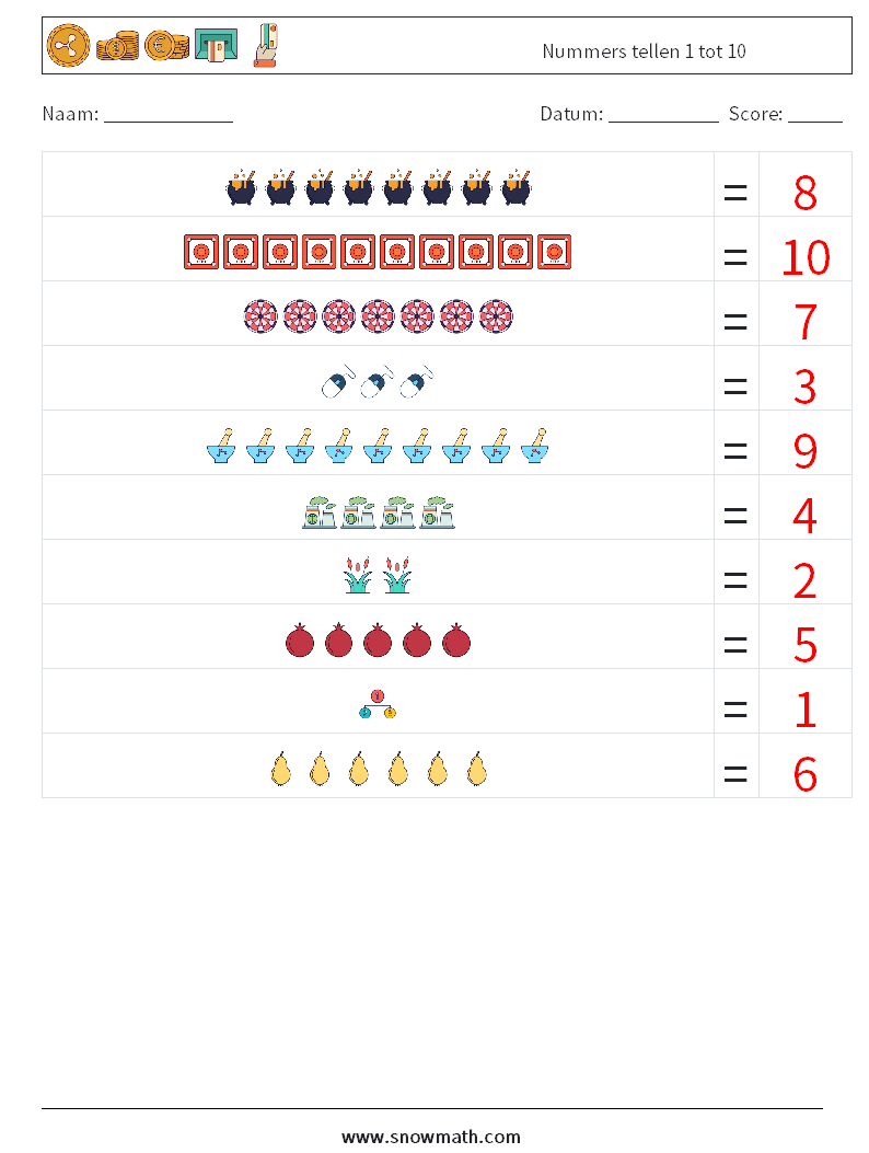 Nummers tellen 1 tot 10 Wiskundige werkbladen 7 Vraag, Antwoord