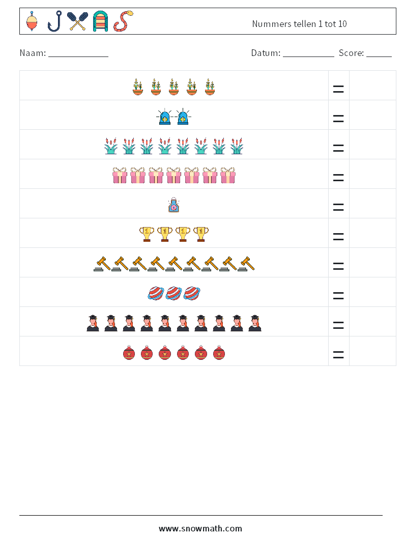 Nummers tellen 1 tot 10 Wiskundige werkbladen 8