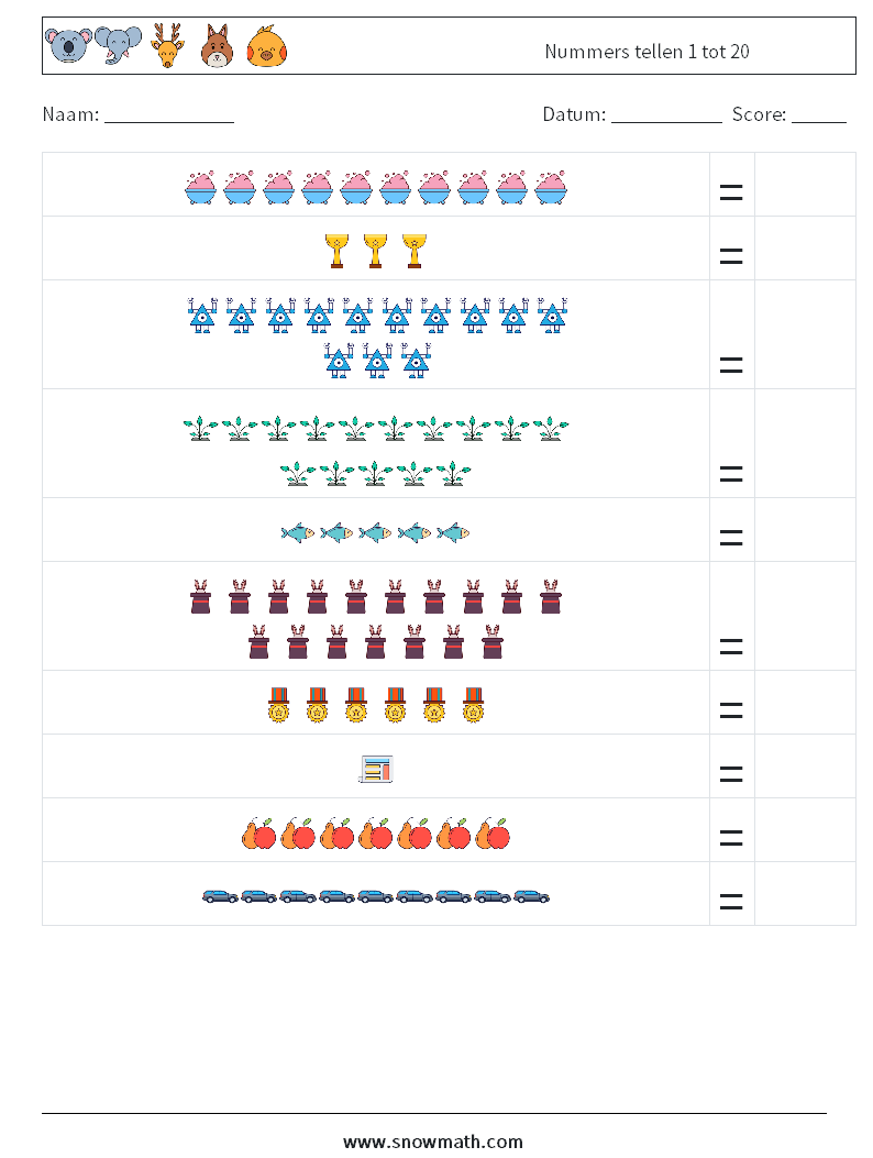Nummers tellen 1 tot 20 Wiskundige werkbladen 1