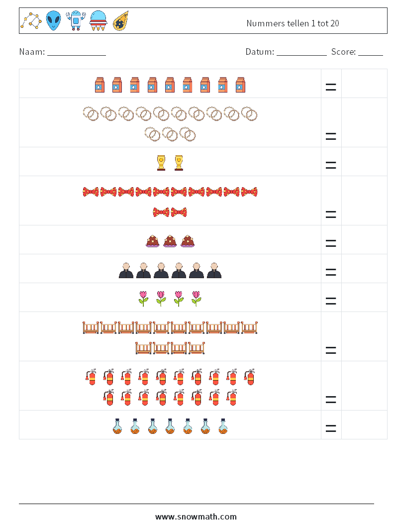 Nummers tellen 1 tot 20 Wiskundige werkbladen 10