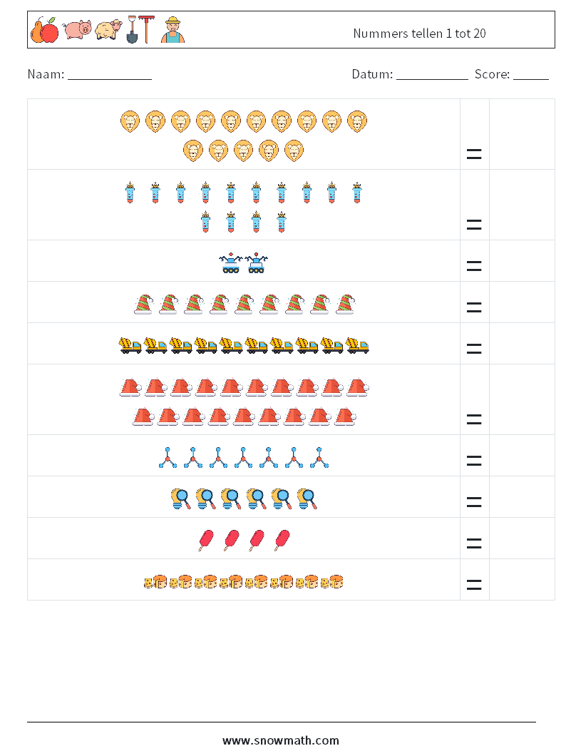 Nummers tellen 1 tot 20 Wiskundige werkbladen 11