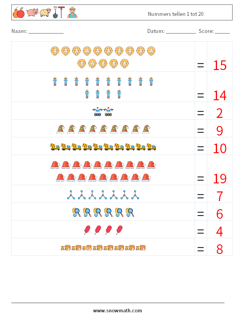 Nummers tellen 1 tot 20 Wiskundige werkbladen 11 Vraag, Antwoord