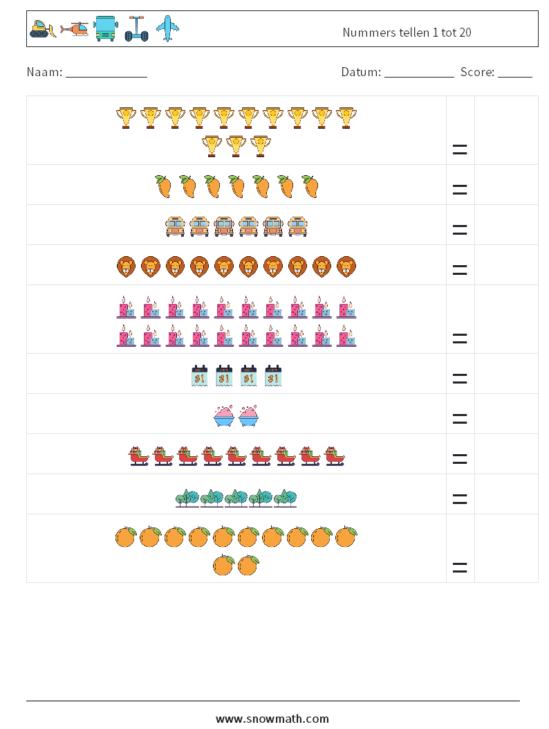 Nummers tellen 1 tot 20 Wiskundige werkbladen 14