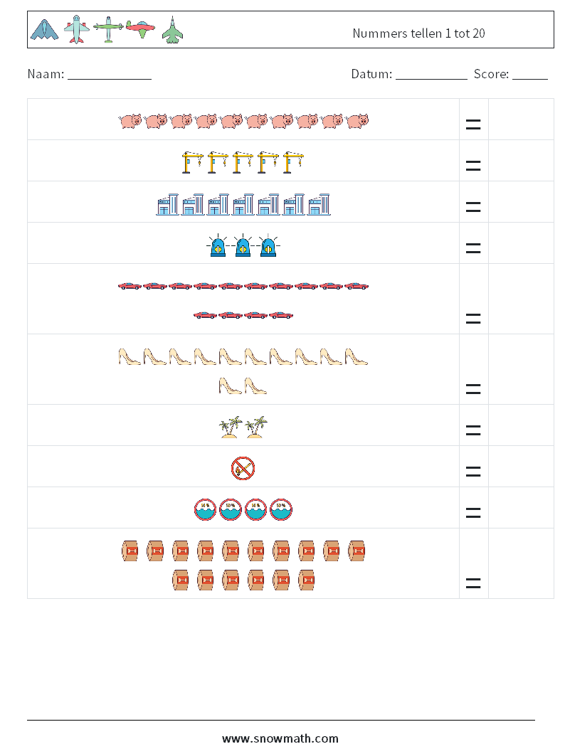 Nummers tellen 1 tot 20 Wiskundige werkbladen 15