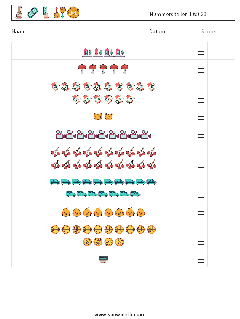 Nummers tellen 1 tot 20 Wiskundige werkbladen 16