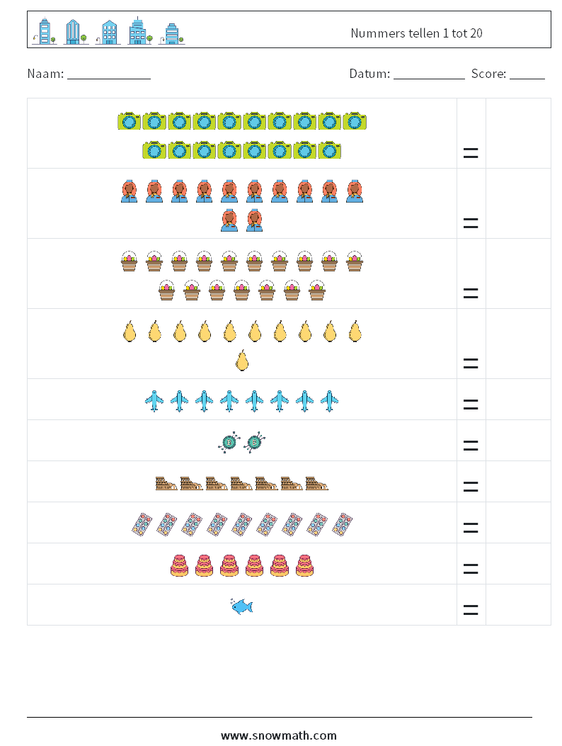 Nummers tellen 1 tot 20 Wiskundige werkbladen 17