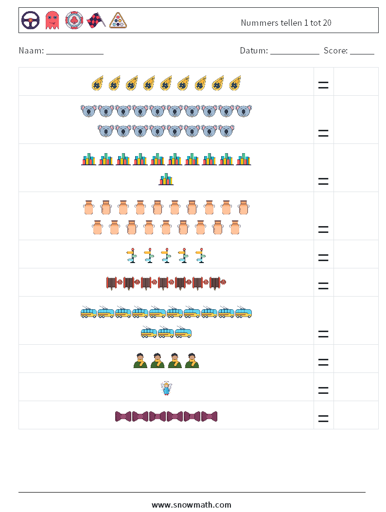 Nummers tellen 1 tot 20 Wiskundige werkbladen 18
