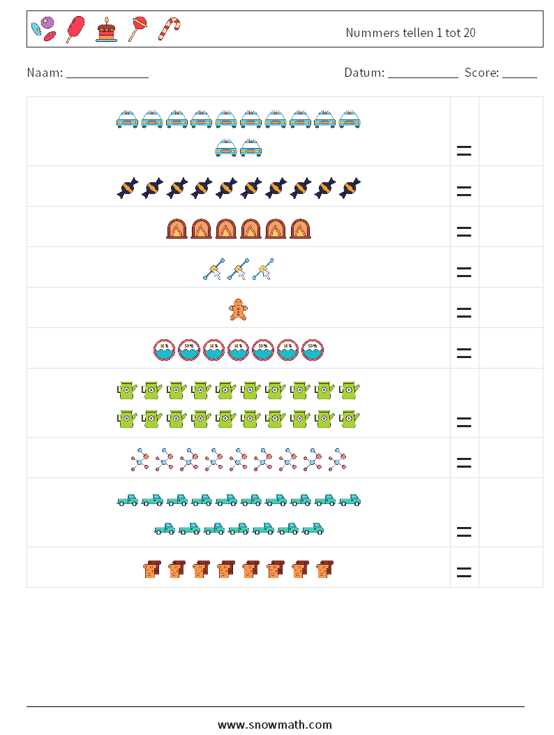 Nummers tellen 1 tot 20 Wiskundige werkbladen 2