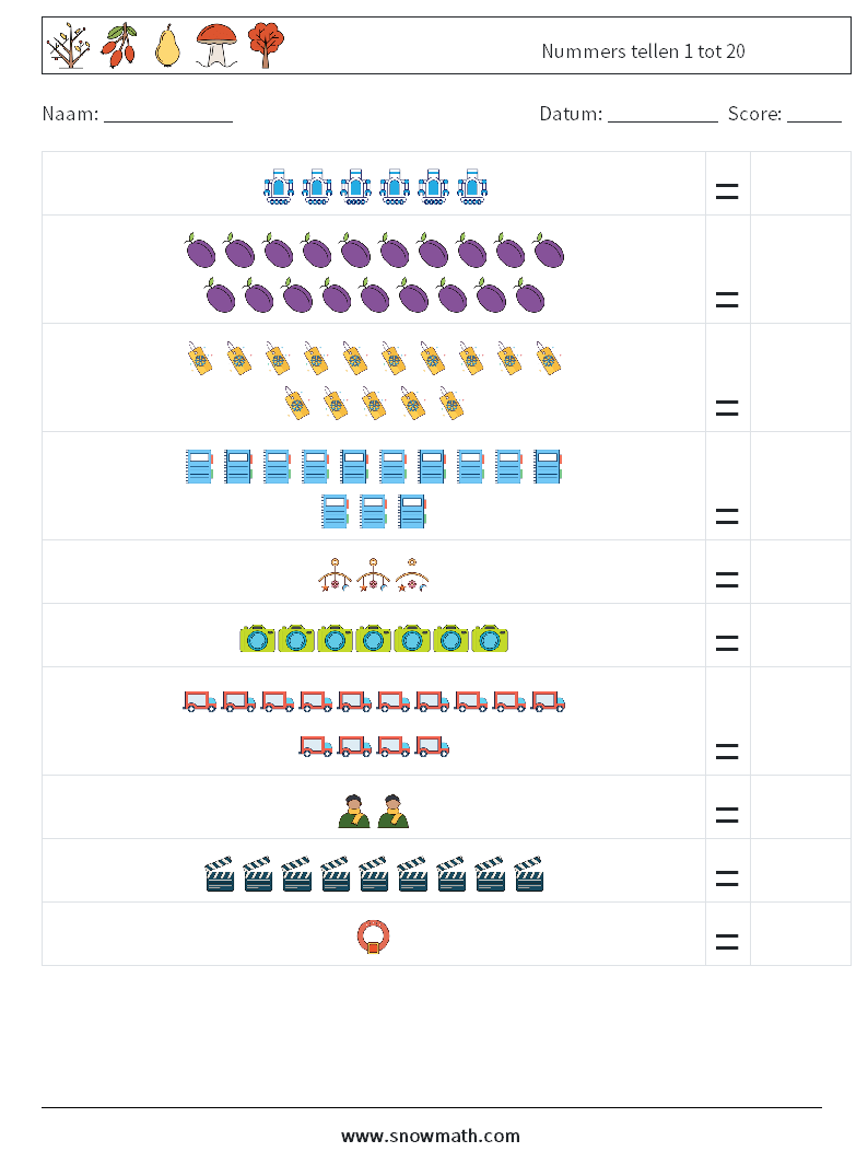 Nummers tellen 1 tot 20 Wiskundige werkbladen 4