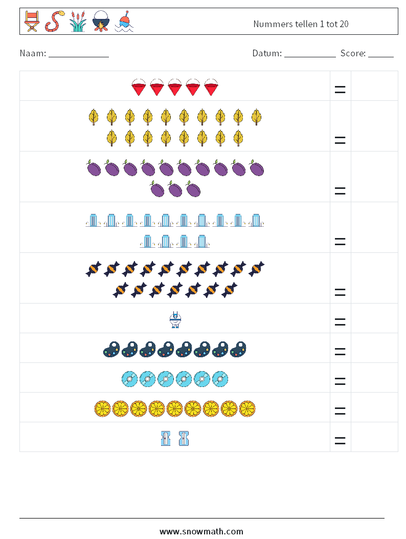 Nummers tellen 1 tot 20 Wiskundige werkbladen 5