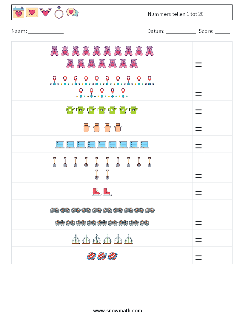 Nummers tellen 1 tot 20 Wiskundige werkbladen 6