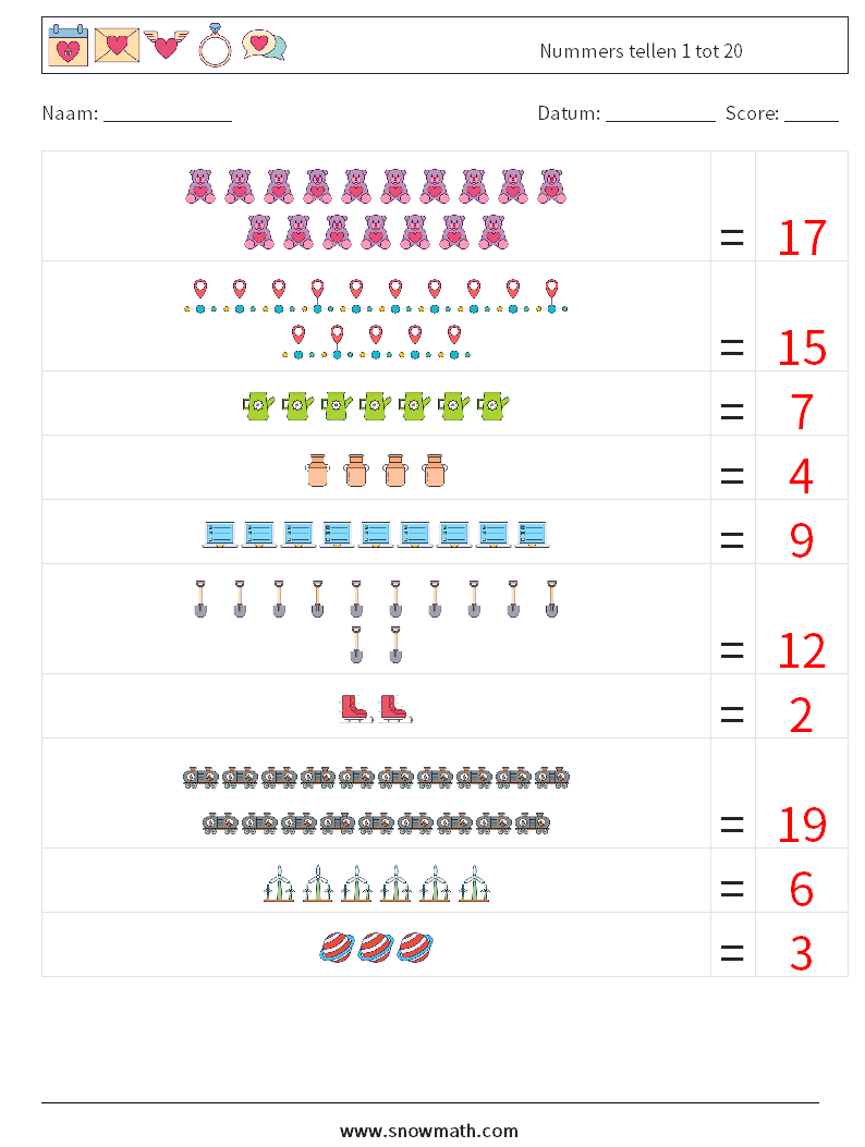 Nummers tellen 1 tot 20 Wiskundige werkbladen 6 Vraag, Antwoord