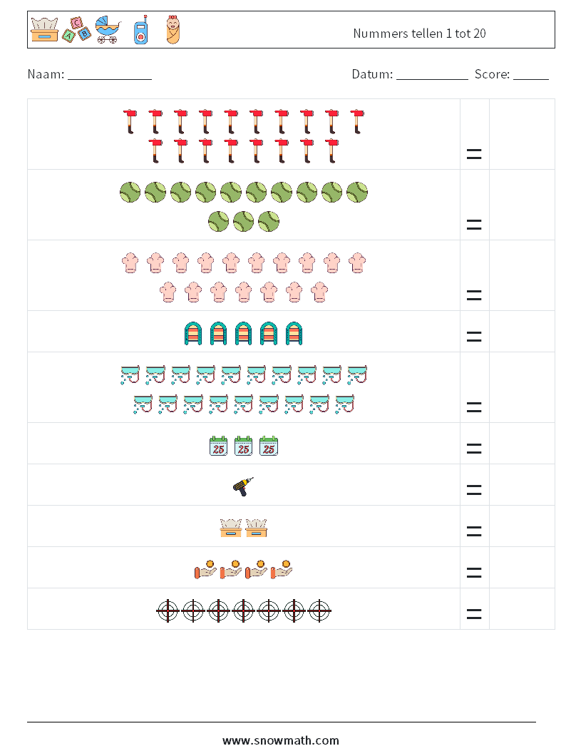 Nummers tellen 1 tot 20 Wiskundige werkbladen 7