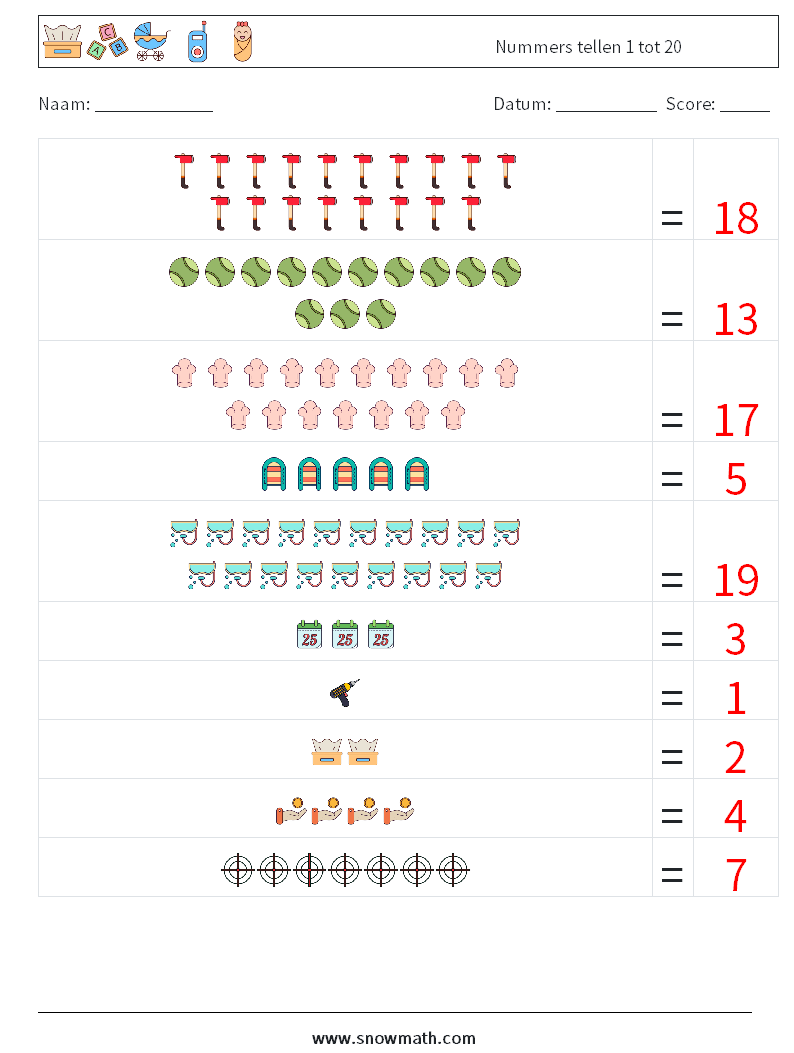 Nummers tellen 1 tot 20 Wiskundige werkbladen 7 Vraag, Antwoord
