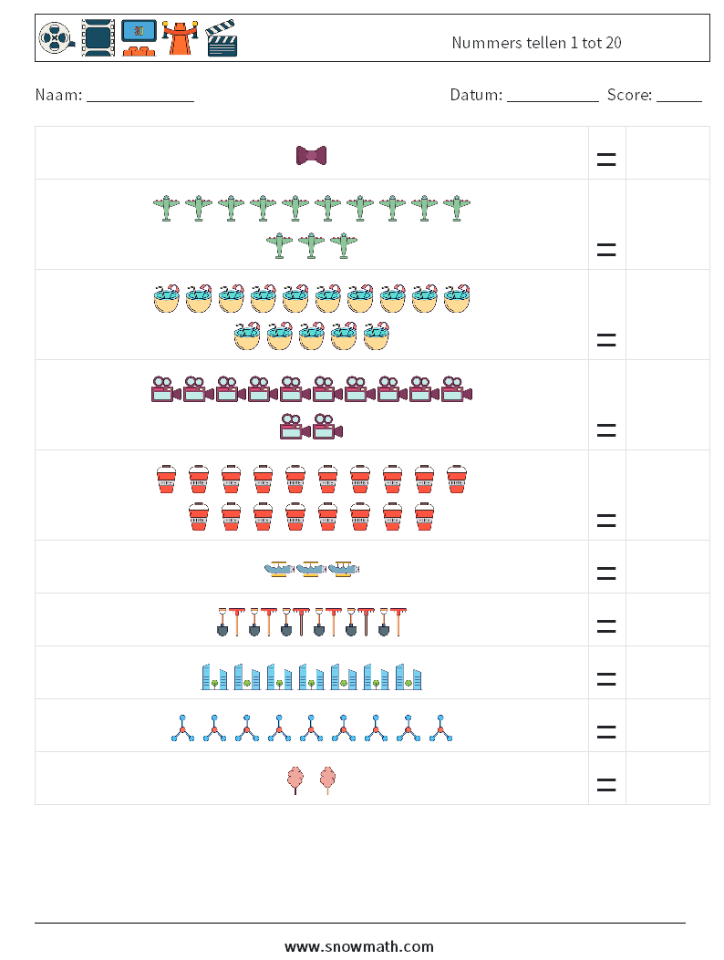 Nummers tellen 1 tot 20 Wiskundige werkbladen 8