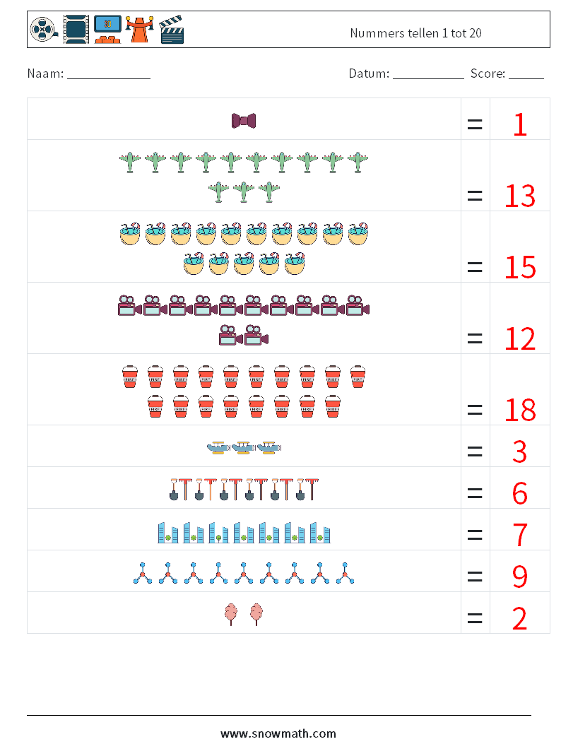 Nummers tellen 1 tot 20 Wiskundige werkbladen 8 Vraag, Antwoord