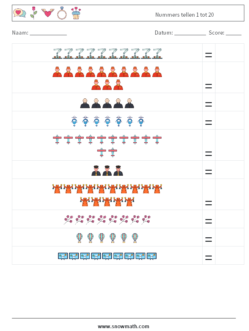 Nummers tellen 1 tot 20 Wiskundige werkbladen 9