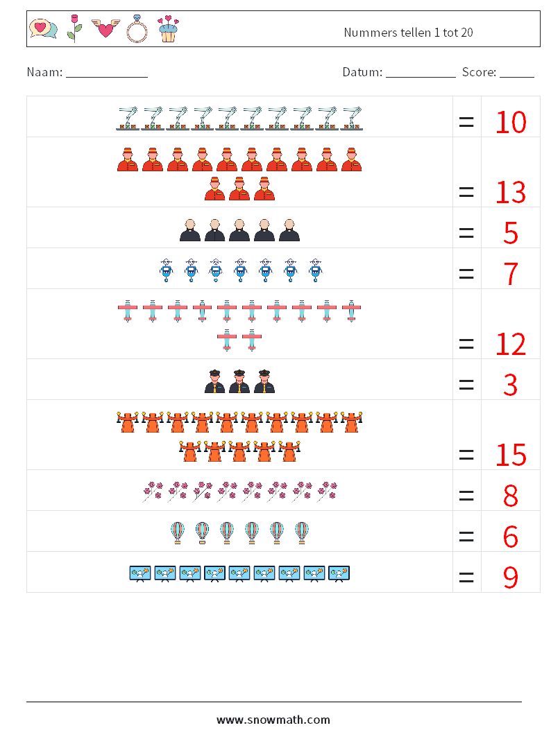 Nummers tellen 1 tot 20 Wiskundige werkbladen 9 Vraag, Antwoord