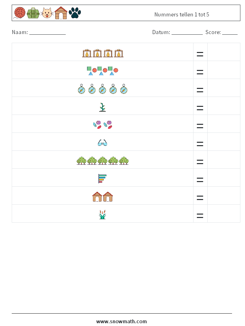 Nummers tellen 1 tot 5 Wiskundige werkbladen 1