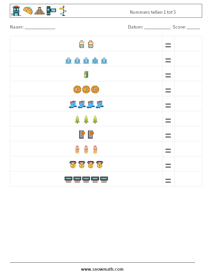 Nummers tellen 1 tot 5 Wiskundige werkbladen 10