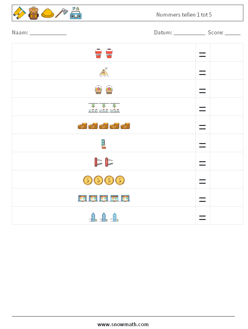 Nummers tellen 1 tot 5 Wiskundige werkbladen 11