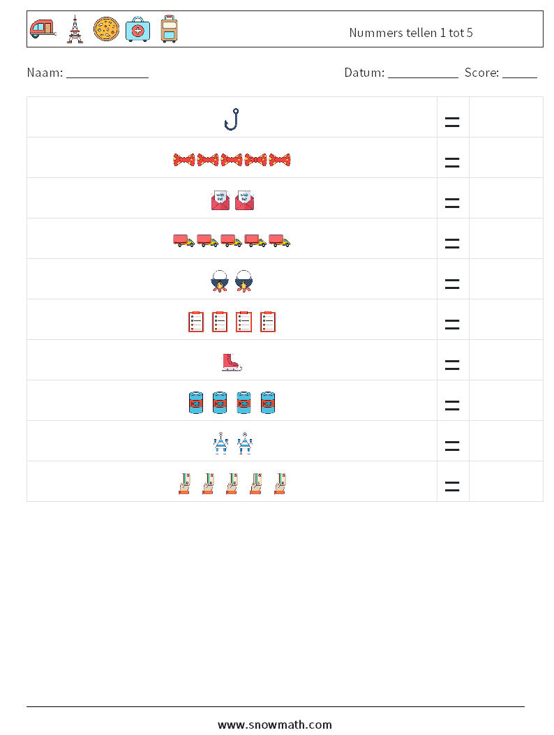 Nummers tellen 1 tot 5 Wiskundige werkbladen 15