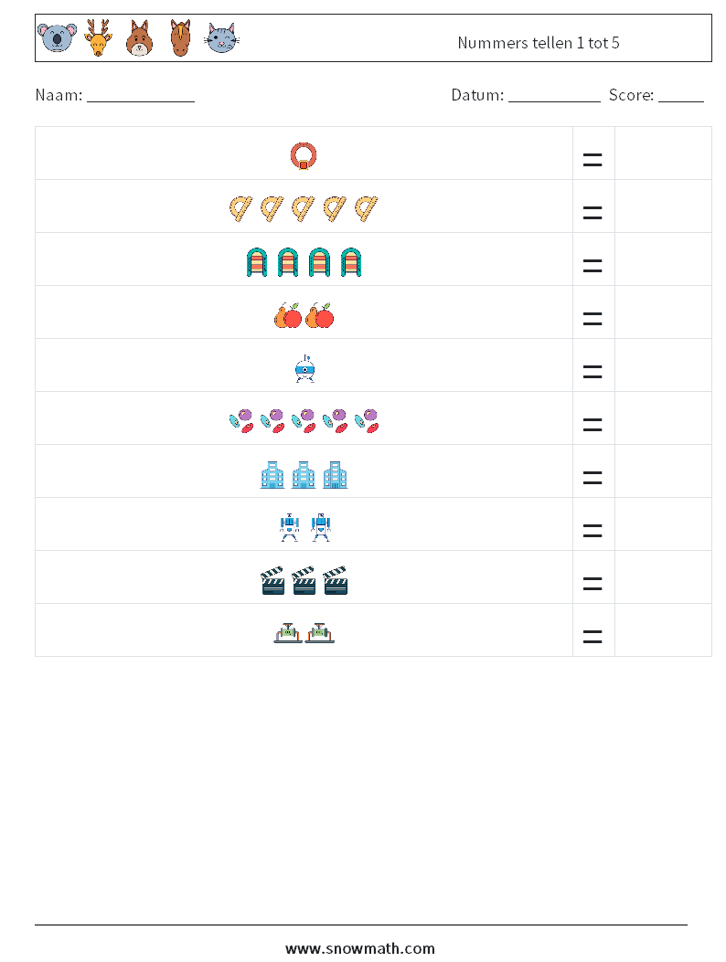 Nummers tellen 1 tot 5 Wiskundige werkbladen 16