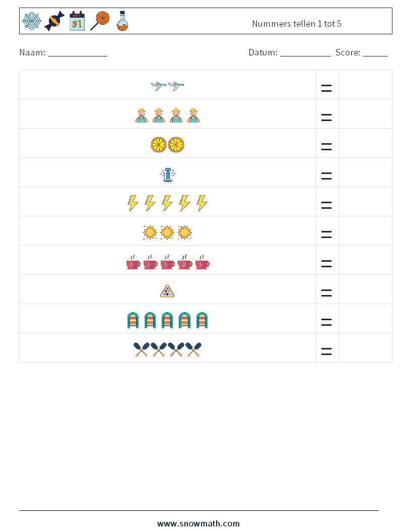 Nummers tellen 1 tot 5 Wiskundige werkbladen 18