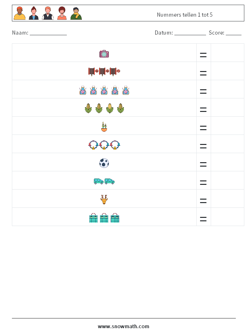 Nummers tellen 1 tot 5 Wiskundige werkbladen 3