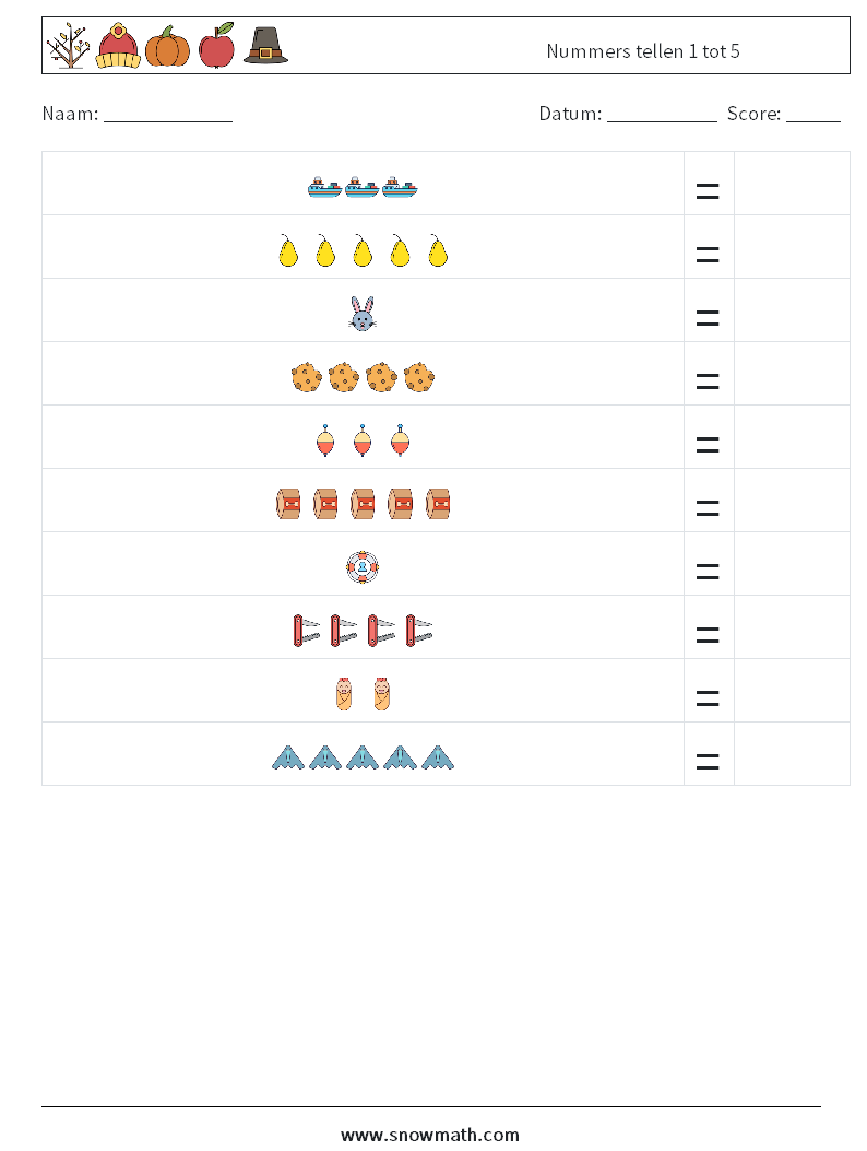 Nummers tellen 1 tot 5 Wiskundige werkbladen 4