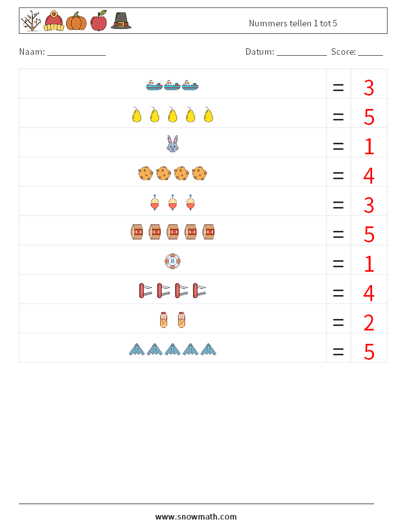 Nummers tellen 1 tot 5 Wiskundige werkbladen 4 Vraag, Antwoord