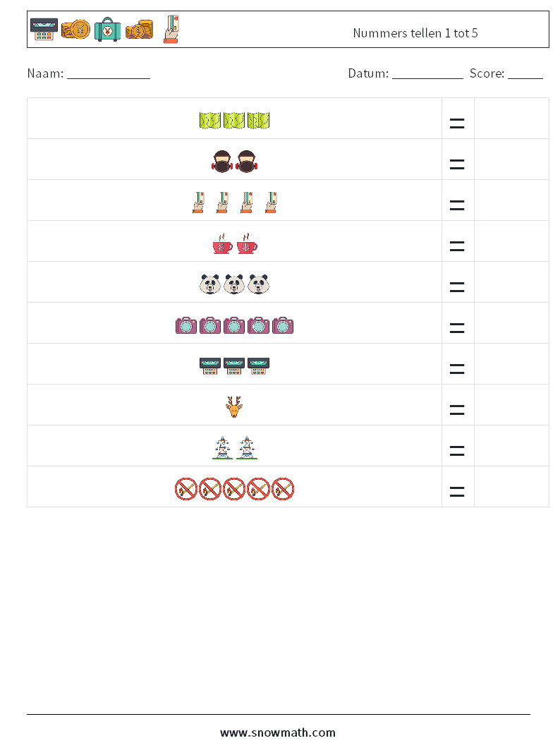Nummers tellen 1 tot 5 Wiskundige werkbladen 5