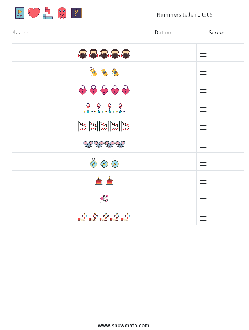 Nummers tellen 1 tot 5 Wiskundige werkbladen 6