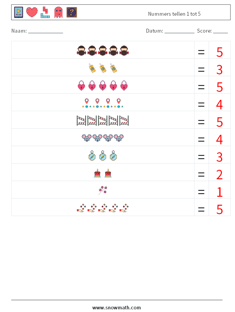 Nummers tellen 1 tot 5 Wiskundige werkbladen 6 Vraag, Antwoord