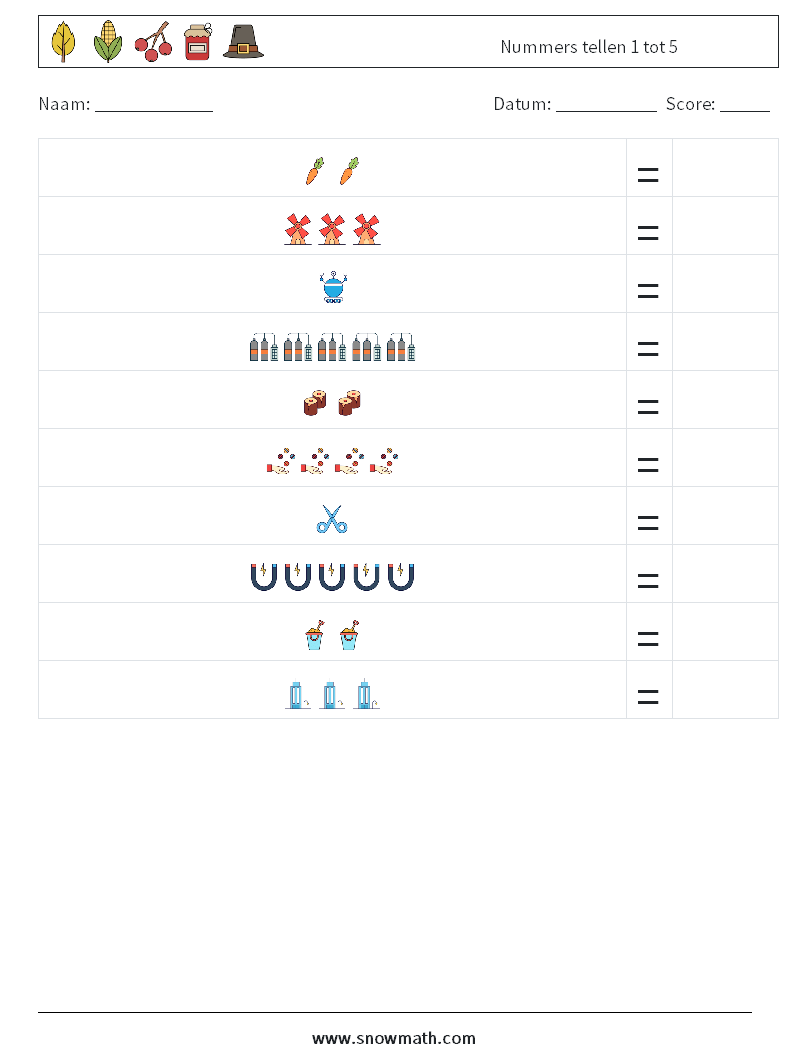 Nummers tellen 1 tot 5 Wiskundige werkbladen 7